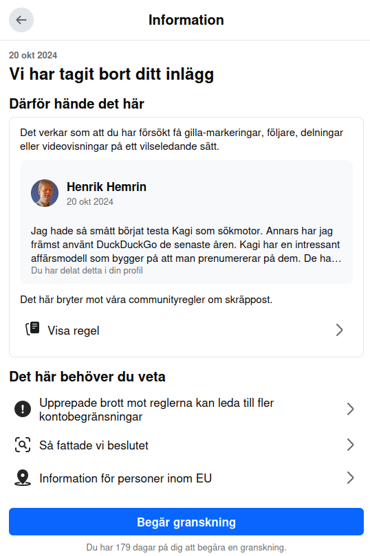 Skärmdump av meddelandet från Facebook "Vi har tagit bort ditt inlägg... Det verkar som du försökt få gilla-markeringar, följare... på ett vilseledande sätt..."