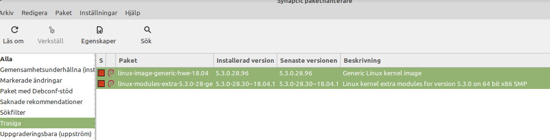The broken (trasiga in Swedish) packets are shown in the Synaptic packet handler. They have a red square flag. 